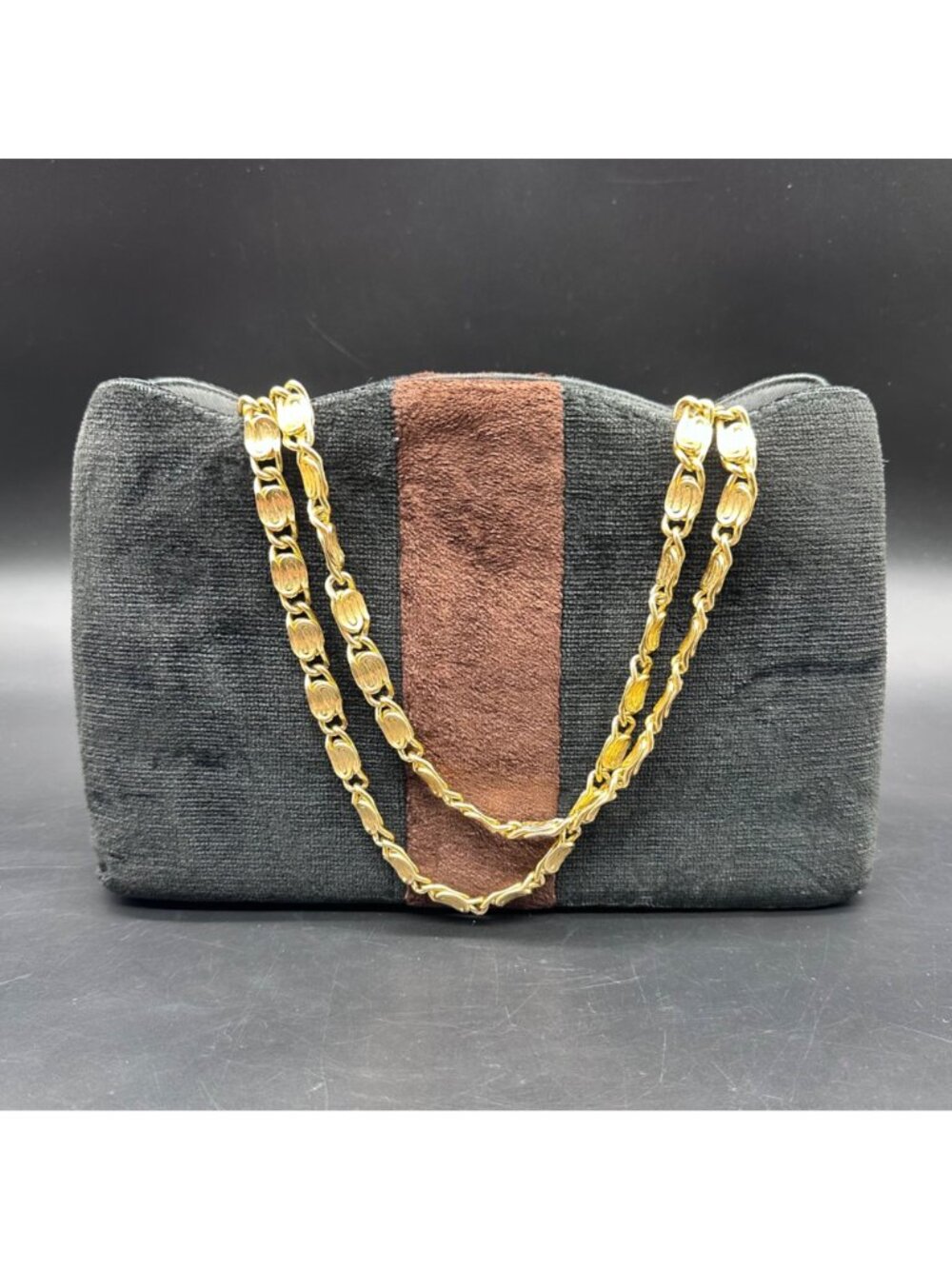 Vintage Black Brown Purse Crown Lewis Gold Chain Handles Mid Century Handbag - Picture 2 of 16
